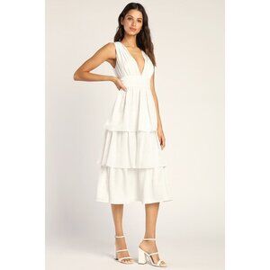 Lulus Peak Party Vibe White Satin Tiered Tie-back Midi Dress - Size XL